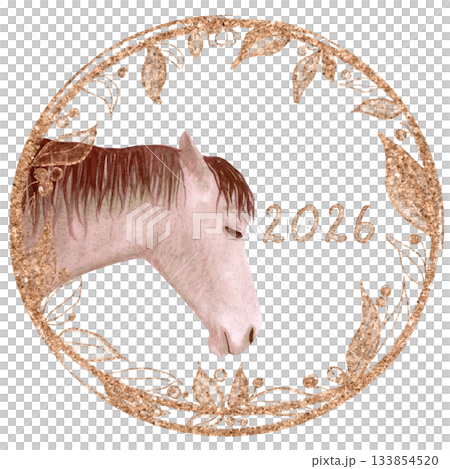 Horse profile inside decorative botanical circle, metallic texture, ideal for calendars, new year, greeting cards, planners, branding, stickers, seasonal projects. Watercolor illustration on white Horse profile inside decorative botanical circle, metallic texture, ideal for calendars, new year, greeting cards, planners, branding, stickers, seasonal projects. Watercolor illustration on white 133854520
