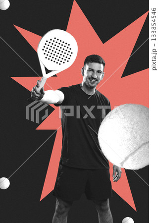 Man holding a paddle in a colorful sports background with tennis balls surrounding him Man holding a paddle in a colorful sports background with tennis balls surrounding him 133854546