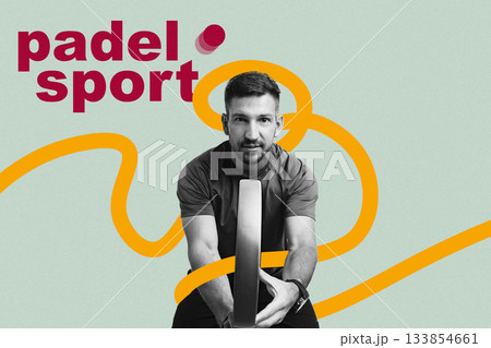 Exciting padel player showcasing skills on a vibrant backdrop in sport setting Exciting padel player showcasing skills on a vibrant backdrop in sport setting 133854661