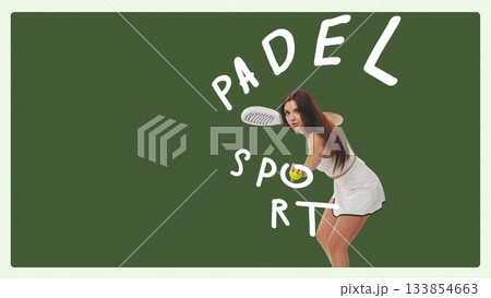 Padel player prepares to return the ball on a green court during a match Padel player prepares to return the ball on a green court during a match 133854663