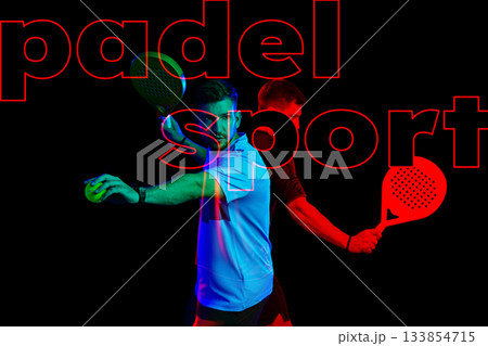 Exciting padel sport match during night event with colorful lighting effects Exciting padel sport match during night event with colorful lighting effects 133854715