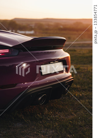 Luxury sports car parked on a grassy field during sunset 133854771