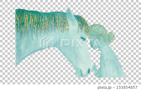 Gentle moment between horse person, watercolor illustration isolated on white painted in turquoise, golden accents. Perfect for animal designs, trust, kindness, communication, emotional storytelling 133854857