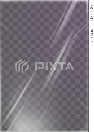 Transparent shrink wrap plastic texture with vertical light folds for document file overlay or packaging 133855183