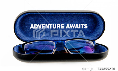 Glasses rest snugly in an elegant case that invites exploration. The vibrant setting suggests a world full of potential adventures waiting to be experienced 133855216