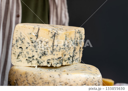 Blue cheese chunks on display at farmers market Blue cheese chunks on display at farmers market 133855630