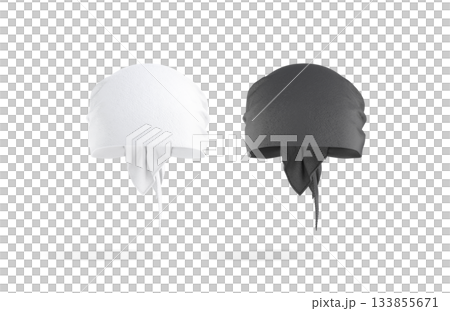 Blank black and white bandana head wrap mockup, png, transparent background, 3d rendering. Empty knot headscarf accessory mock up cut out. Clear biker or cowboy headwrap band or balaclava template. 133855671