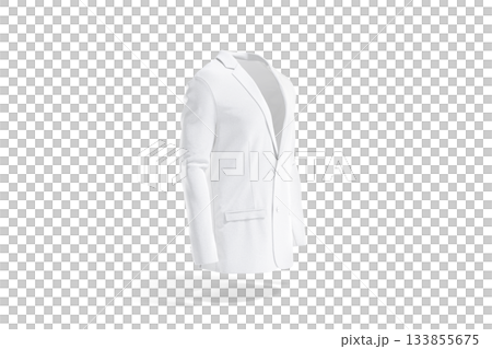 Blank white men blazer mockup, png, transparent background, 3d rendering. Empty formalwear with buttons and collar mock up cut out. Clear elegance groom outfit with smoking or jacket template. 133855675