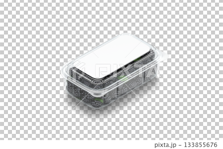 Blank transparent plastic box with blackberry mockup, png, transparent background, 3d rendering. Empty heap of organic blackberries in pack mock up cut out. Clear fresh vegan fruit container template. 133855676