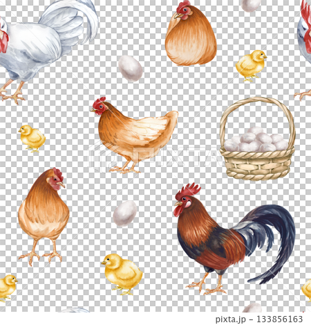 Seamless pattern of a poultry yard on an isolated background. Watercolor illustration of hens, roosters, chickens, eggs and baskets with fresh flowers. Vintage realistic bird pattern for agriculture 133856163