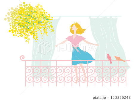 バルコニーで春風を浴びる女性（カラバリあり） 133856248
