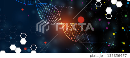Molecule model with hexagons, DNA strands, connected neural web 133856477