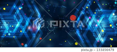 Molecule model with hexagons, DNA strands, connected neural web 133856479
