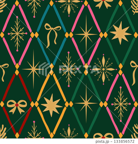 Geometric Christmas harlequin seamless pattern with bows, snowflakes, stars. Vector dark green rhombus, diamond print 133856572