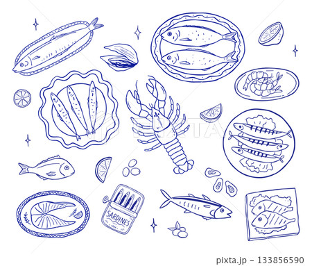 Mediterranean seafood illustration with lobster, lemon, and coastal food elements. Hand drawn fish and can of sardines. Perfect for Italian restaurant menu design or summer postcard 133856590