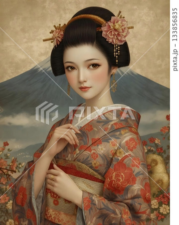 美しい着物を着て富士山を背にする日本の美女 美しい着物を着て富士山を背にする日本の美女 133856835