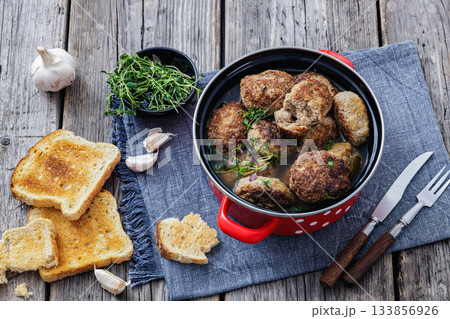 Frikadellen, Minced Meat Patties in a red pot Frikadellen, Minced Meat Patties in a red pot 133856926