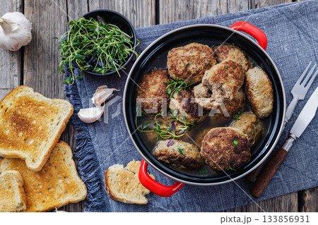 Frikadellen, Minced Meat Patties in a red pot Frikadellen, Minced Meat Patties in a red pot 133856931