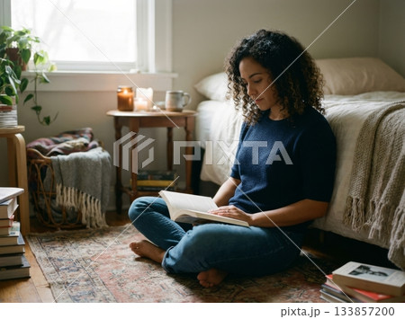 Cozy indoor scene of a Hispanic woman sitting cross-legged on a rug by her bed, reading a book in a softly lit room with candles, blankets, books, and a window for natural light. Cozy indoor scene of a Hispanic woman sitting cross-legged on a rug by her bed, reading a book in a softly lit room with candles, blankets, books, and a window for natural light. 133857200