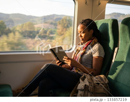 African American woman traveling by train, sitting by the window in sunlight, deeply engaged in reading a book with a scarf and backpack, scenic countryside passing outside. 133857219
