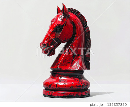 Greeting design. Red chess horse on white background. Wooden symbol. Symbol of New Year. Happy new years. 133857220