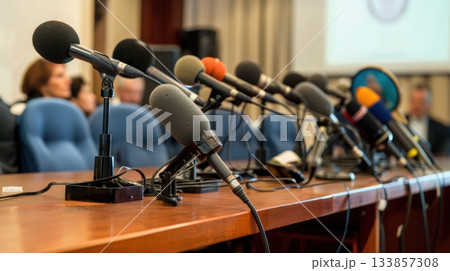 Table with modern microphones for press conference 133857308