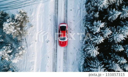 Overhead view of red cars on winter snowy roads 133857315