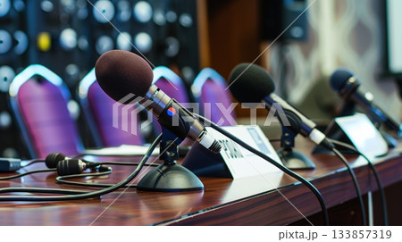 Table with modern microphones for press conference 133857319