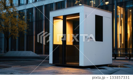 A modern white kiosk with a glass door, illuminated from within, situated in an urban environment with a backdrop of contemporary buildings and autumn trees. A modern white kiosk with a glass door, illuminated from within, situated in an urban environment with a backdrop of contemporary buildings and autumn trees. 133857331