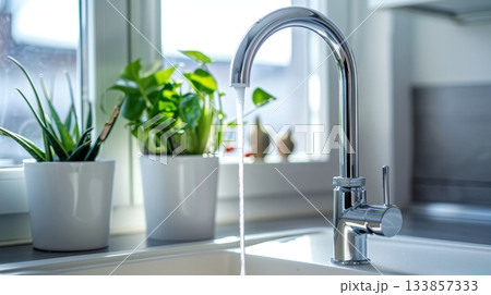 Water flowing from a smooth kitchen faucet Water flowing from a smooth kitchen faucet 133857333