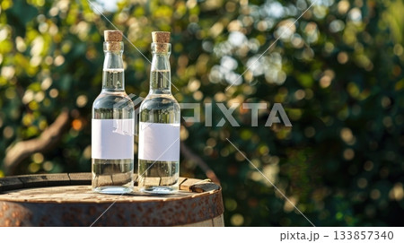 Glass bottles with empty labels and corks standing on a barrel in a natural setting Glass bottles with empty labels and corks standing on a barrel in a natural setting 133857340