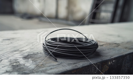 A coiled black wire rests on a wooden surface in an industrial setting. The background is blurred, emphasizing the wire's texture and color. 133857350