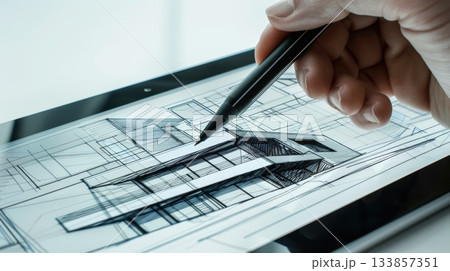 A hand holding a stylus draws architectural designs on a digital tablet. The screen displays detailed blueprints of a modern building. 133857351