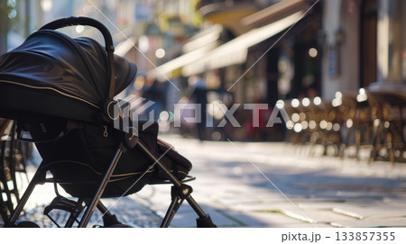 A black stroller is parked on a cobblestone street. Outdoor cafes with empty chairs are visible in the background. The scene is bright and inviting. 133857355