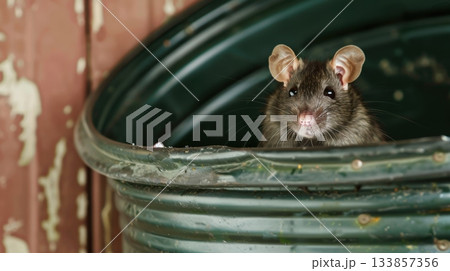 A black rat sits on the edge of a black plastic pot. The background features blurred autumn foliage with warm colors. 133857356