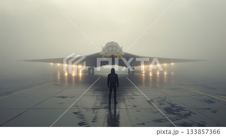 A silhouette of a person stands in front of a futuristic aircraft in a foggy environment. The aircraft has bright lights illuminating the scene. A silhouette of a person stands in front of a futuristic aircraft in a foggy environment. The aircraft has bright lights illuminating the scene. 133857366