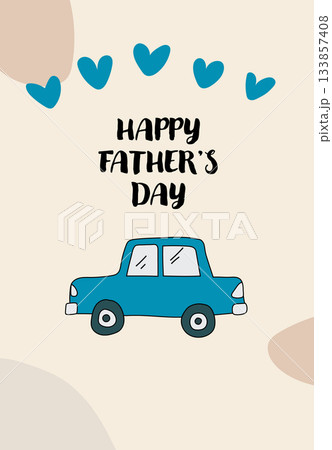 A blue cartoon car sits below five teal hearts and hand-lettered holiday text. A blue cartoon car sits below five teal hearts and hand-lettered holiday text. 133857408
