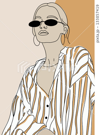 Minimalist line art portrait of a stylish woman in sunglasses and a striped shirt. 133857419