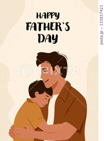 A father in a brown shirt affectionately hugs his sleeping son under bold festive text. 133857421