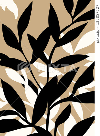 Black plant leaves and branches silhouetted against a neutral beige background. 133857527