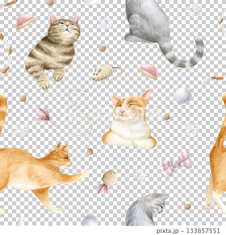 Cute watercolor cats with toys and talking buttons seamless pattern on white. Orange, brown and gray funny pets with toys. Domestic animal repeat background for pet stores, shelters and rescue centers 133857551