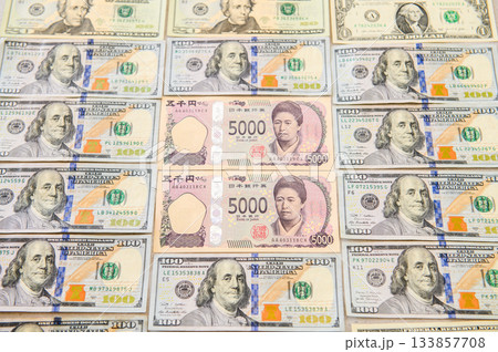 100・20・1ドル札 男性リーダーに囲まれた日本の5000円札 女性リーダー ぼかし気味 100・20・1ドル札 男性リーダーに囲まれた日本の5000円札 女性リーダー ぼかし気味 133857708
