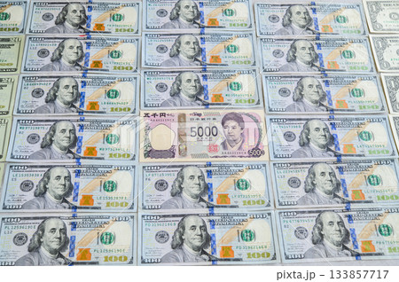 米ドル100ドル札 男性に囲まれた日本円5000円札 女性リーダー ミドル 米ドル100ドル札 男性に囲まれた日本円5000円札 女性リーダー ミドル 133857717