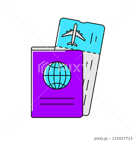 Passport with boarding pass icon. Air travel and tourism item. Passport with boarding pass icon. Air travel and tourism item. 133857723