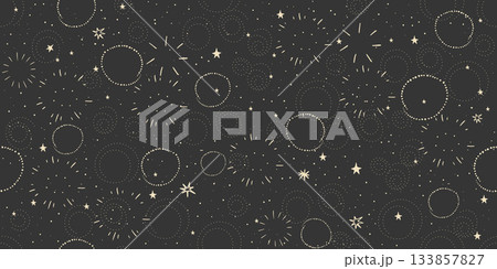 Seamless pattern with simple stars, fireworks, and dots on a black background. Abstract vector background for astrology, boho zodiac, and fortune telling. 133857827