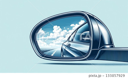 車のサイドミラーに映る青空の風景 133857929
