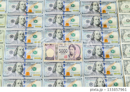 米ドル100ドル札　男性に囲まれた日本円5000円札　女性リーダー　アップ気味　 133857961