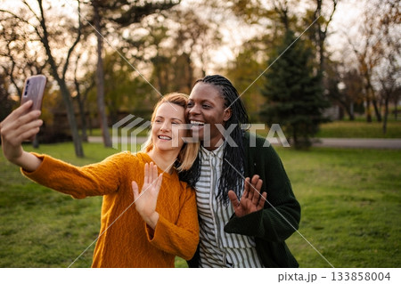 Diverse friends video calling outdoors sharing happy moment 133858004