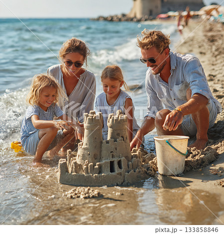 ビーチで砂の城を作る幸せな家族 133858846