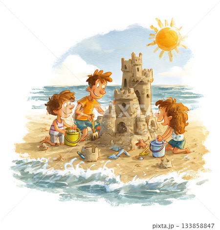 ビーチで砂の城を作る幸せな家族 133858847